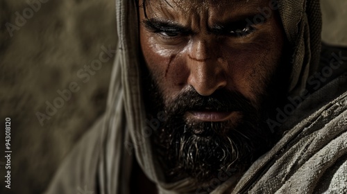 Biblical character portrait. Close-up of a serious man with beard and robe looking at the camera.