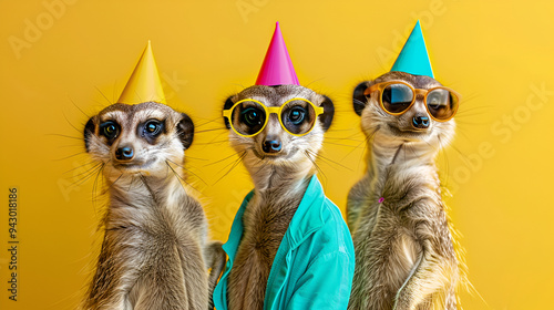Group of colorful meerkats standing together on alert, dressed in vibrant outfits, representing unity, teamwork, and the playful nature of these social animals