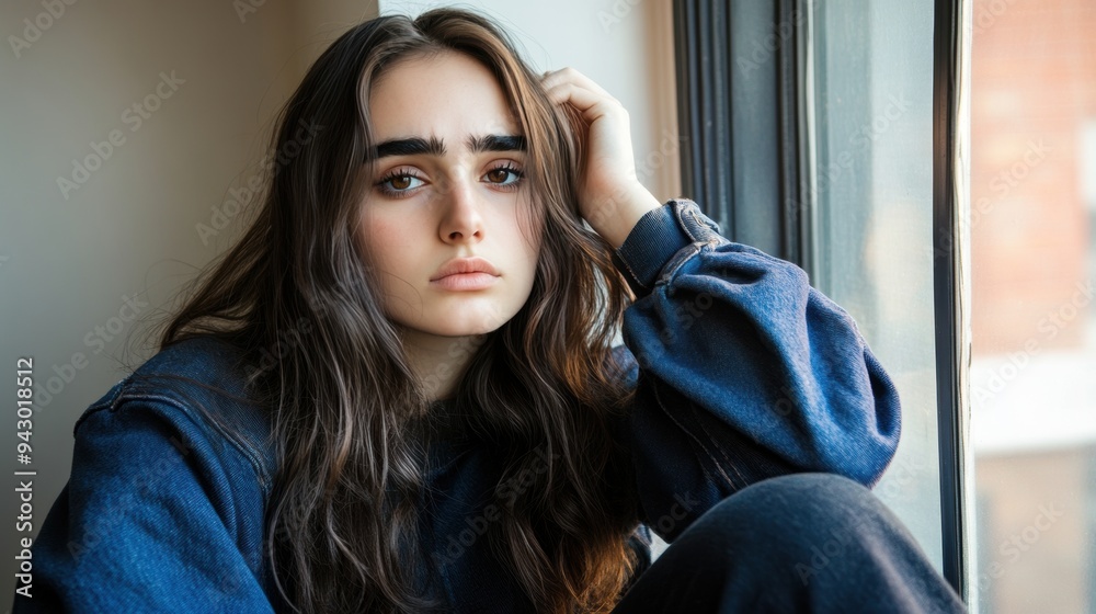 Fototapeta premium captivating young woman gazing the window in natural light
