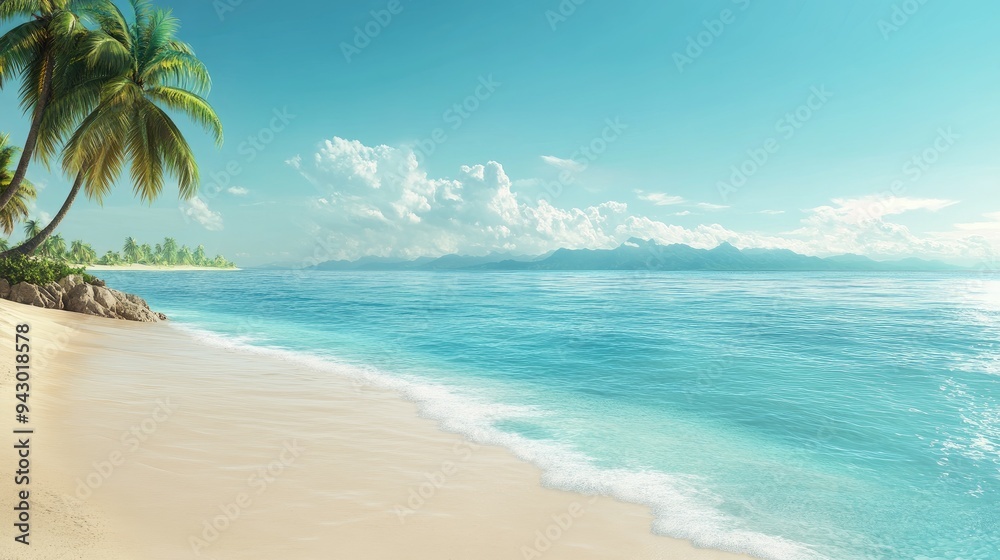 A panoramic view of a tropical beach with turquoise waters and palm trees, offering wide space for text. Ideal for vacation, travel, or summer themes. A panoramic view of a tropical beach with turquoise waters and palm trees, offering wide space for text. Ideal for vacation, travel, or summer themes.
