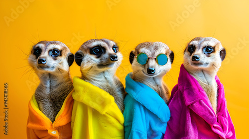 Group of colorful meerkats standing together on alert, dressed in vibrant outfits, representing unity, teamwork, and the playful nature of these social animals