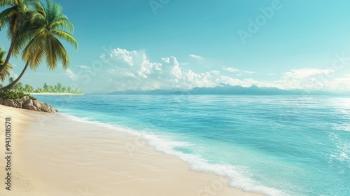 A panoramic view of a tropical beach with turquoise waters and palm trees, offering wide space for text. Ideal for vacation, travel, or summer themes.