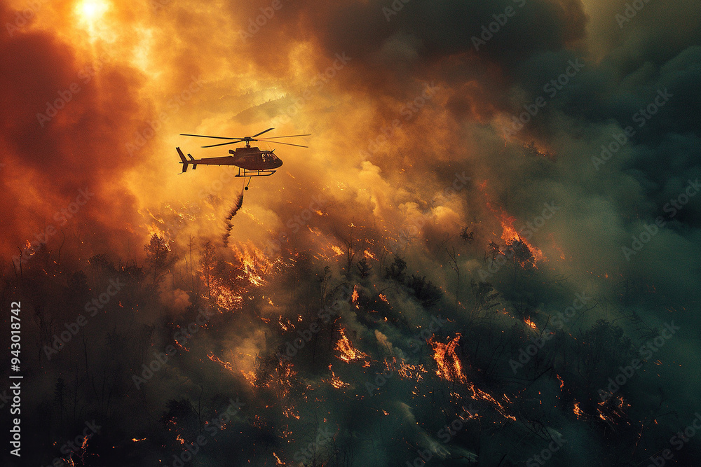 A firefighting helicopter drops water on a forest fire. Natural disaster A firefighting helicopter drops water on a forest fire. Natural disaster