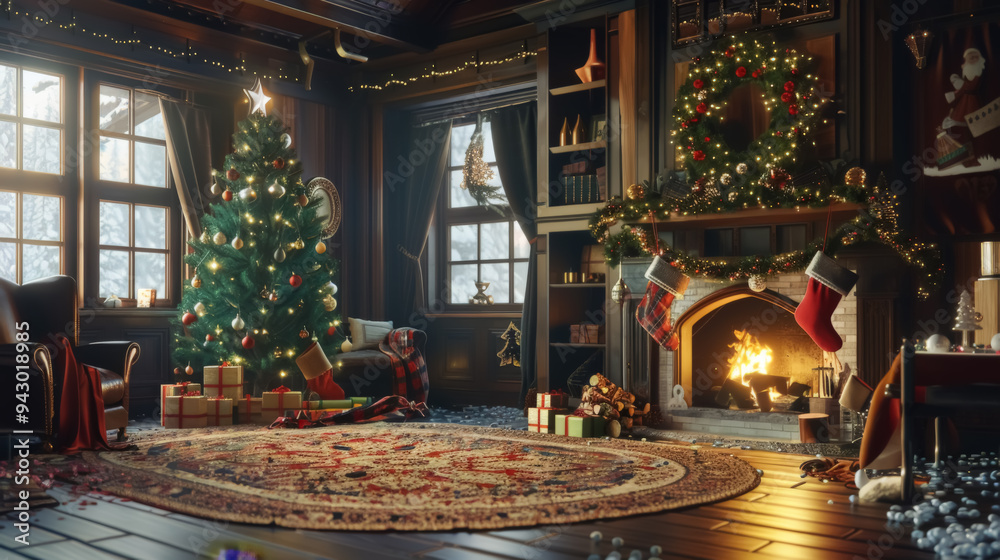Cozy Christmas Interior with Tree and Fireplace Cozy Christmas Interior with Tree and Fireplace