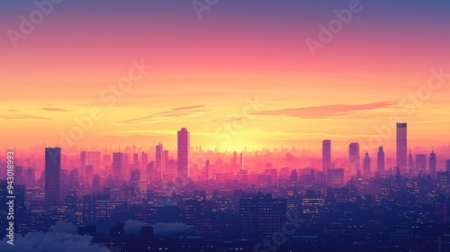 A panoramic view of a vibrant city skyline at sunset, offering space for text in the sky. Great for urban, travel, or cityscape-themed designs.