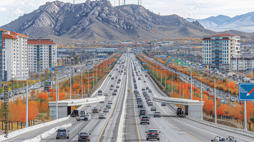 Wide Highway with Fall Foliage in a Mountainous Cityscape