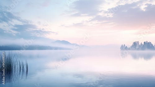 A peaceful lakeside view at dawn with soft pastel skies, leaving room for text. Great for relaxation, nature, or morning-themed designs.
