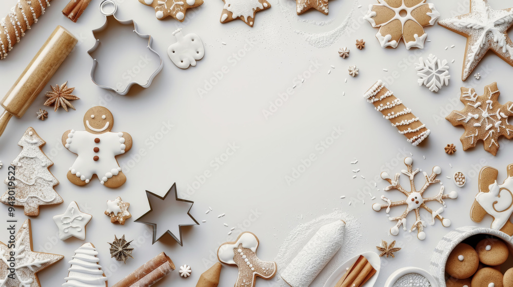 Assorted Christmas cookies and baking tools on a white backdrop Assorted Christmas cookies and baking tools on a white backdrop