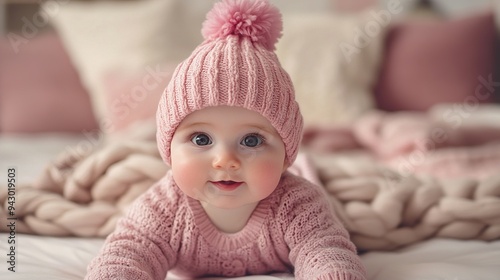 Baby girl in pink outfit with pom-pom hat crawling on bed surrounded by soft blankets