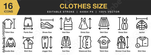 Clothes Size icon set. Editable Stroke Icon Collection. Includes shirt, shoes, skirt, suit, vest, waistcoat,  and More. Outline icons vector collection.