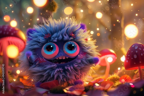 An adorable monster with wide eyes sits joyfully in a forest filled with glowing mushrooms. This enchanting visual is perfect for promoting children's products, fantasy-themed events.