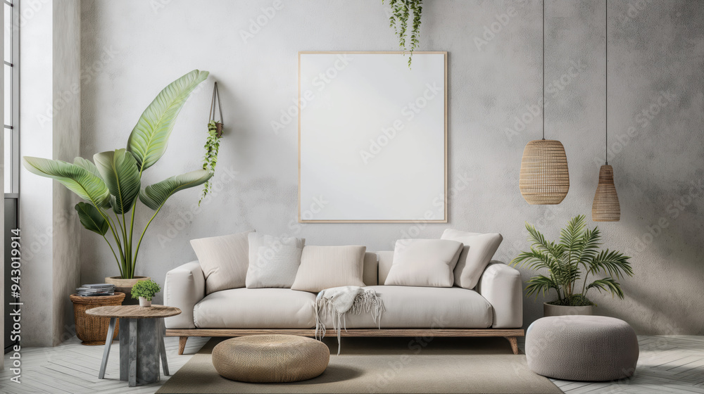 A living room with a white couch, a potted plant A living room with a white couch, a potted plant