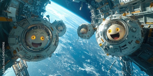 Fototapeta Naklejka Na Ścianę i Meble -  Smiling space stations orbit Earth.