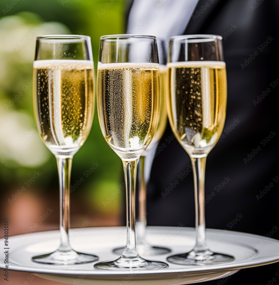 Luxury service, glasses of champagne served by a waiter at a wedding celebration or event in formal English style at luxurious hotel or country estate garden, post-processed, generative ai Luxury service, glasses of champagne served by a waiter at a wedding celebration or event in formal English style at luxurious hotel or country estate garden, post-processed, generative ai
