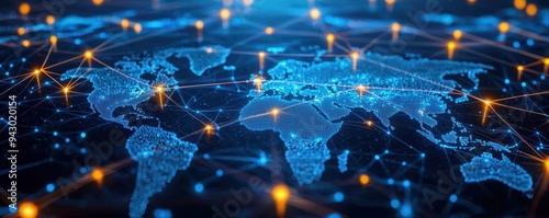 A network of glowing, interconnected nodes stretching across a world map, symbolizing global cybersecurity and encrypted communication