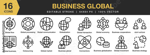 Business Global icon set. Editable Stroke Icon Collection. Includes global flow, investment, market, processing, transaction, and More. Outline icons vector collection.