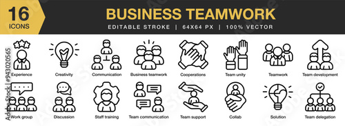 Business Teamwork icon set. Editable Stroke Icon Collection. Includes discussion, experience, solution, staff training, team unity, and More. Outline icons vector collection.