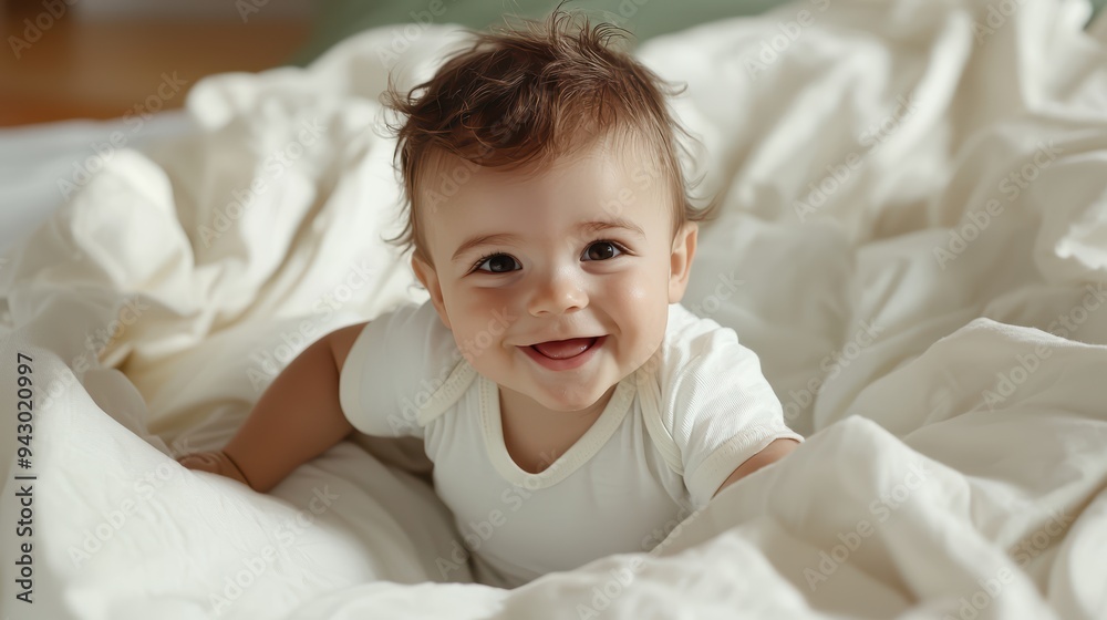 Smiling baby lying on soft white bedding, radiating joy and innocence. Smiling baby lying on soft white bedding, radiating joy and innocence.