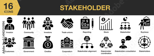 Stakeholder solid icon set. Includes business community, corporation, creditor, customers, and More. Solid icons vector collection.