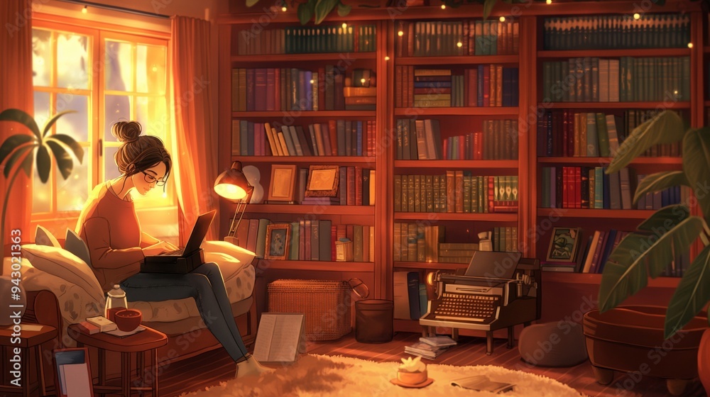 someone is working on his laptop in the reading book, anime someone is working on his laptop in the reading book, anime