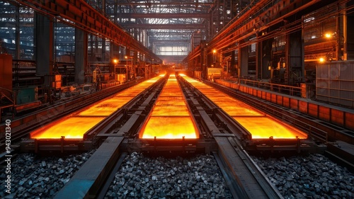 Glowing metal in a steel factory, showcasing the industrial process of steel production and vibrant orange colors.