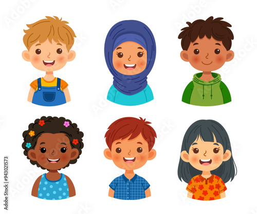 Collection of avatars featuring cheerful children. Cute faces of different nationalities boys and girls