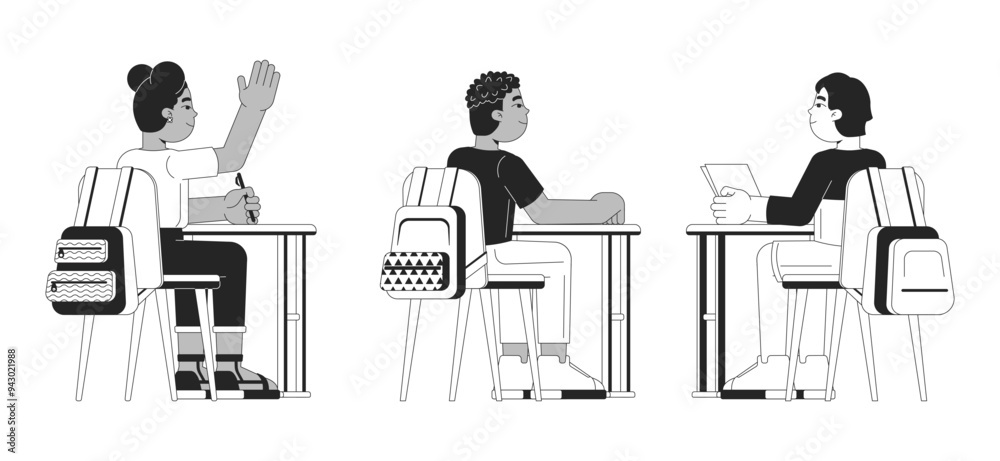 Diverse schoolkids sitting at desks black and white 2D line cartoon characters set. Tables pupils isolated vector outline people. Schoolchildren monochromatic flat spot illustrations collection Diverse schoolkids sitting at desks black and white 2D line cartoon characters set. Tables pupils isolated vector outline people. Schoolchildren monochromatic flat spot illustrations collection