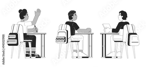 Diverse schoolkids sitting at desks black and white 2D line cartoon characters set. Tables pupils isolated vector outline people. Schoolchildren monochromatic flat spot illustrations collection