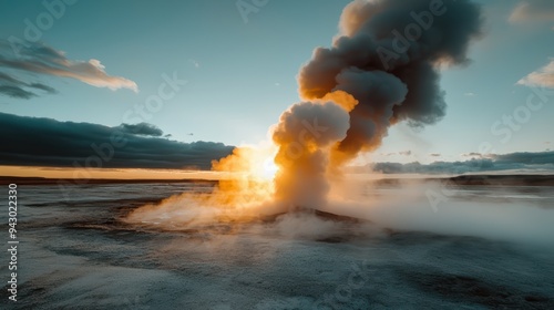 Majestic geyser eruption at sunset, showcasing vibrant steam and dramatic clouds. scene evokes awe and wonder in natures power. 