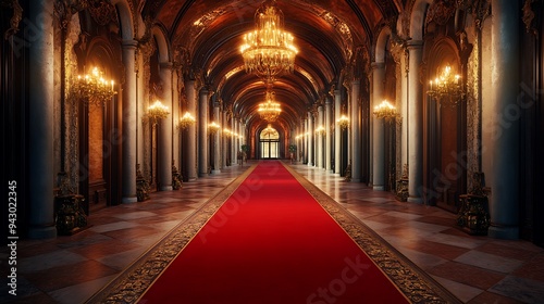 Luxurious Hallway with Red Carpet, Ornate Lighting, and Elegant Decor for a High-Class Gala Event