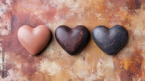 hearts of different shades, like skin color, symbolizing different racial affiliations, placed in a row on brown background.Concept of day is zero discrimination, inclusivity, unity, love photo