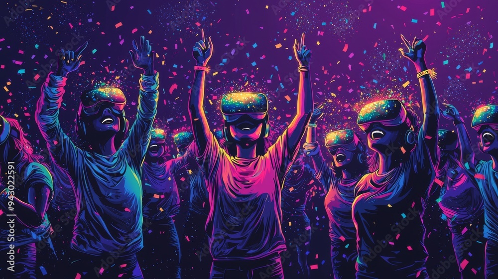 Obraz premium Virtual reality New Year celebration with festive crowd and vibrant confetti