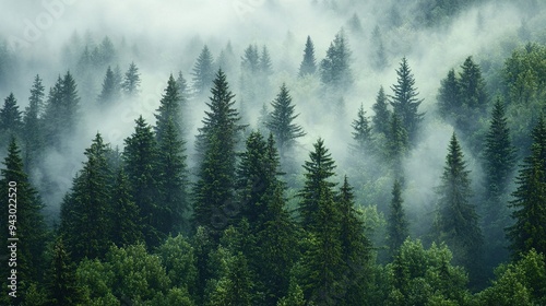Dense Green Forest with Tall Pine Trees Shrouded in Early Morning Mist