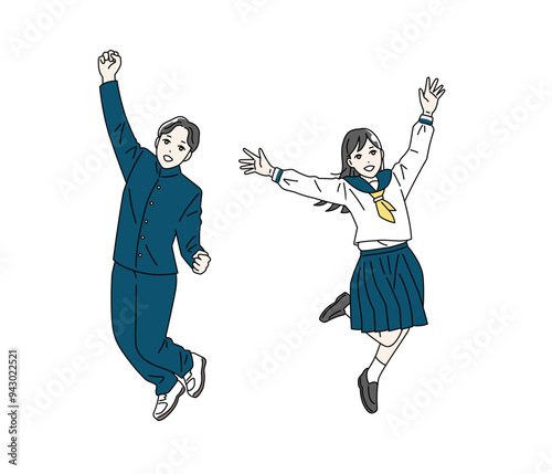 ジャンプをする学生の全身イラストセット
