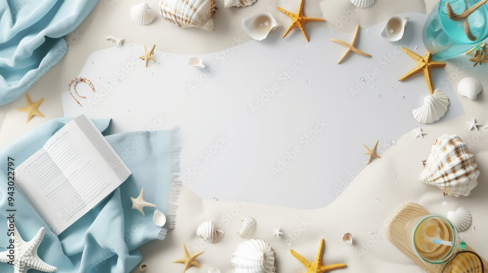 Beach flat lay with seashells, book, and blue fabric Beach flat lay with seashells, book, and blue fabric