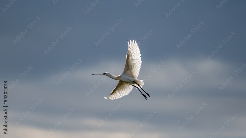 High resolution image of a single Spoonbill bird flying across a cloudy sky background- Romania High resolution image of a single Spoonbill bird flying across a cloudy sky background- Romania