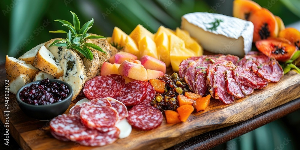 Gourmet charcuterie board with fruit and cheese. Gourmet charcuterie board with fruit and cheese.