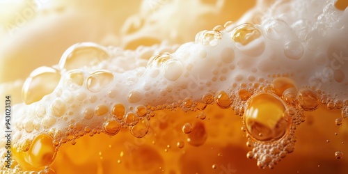 Close up of High-quality 3D vector illustration featuring a close-up of beer with bubbling foam, perfect for Oktoberfest-themed designs and macro-style backgrounds photo