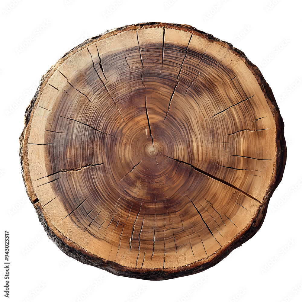 Obraz premium Top view smooth cross section tree stump slice with age rings wood grain isolated on white background. 