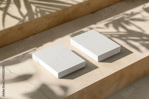 Two white business cards are on a stone surface, Mockups