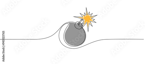 Bomb with burning fuse in one Continuous line drawing. Stress explosion and boom concept with fire wick in simple linear style. Divider in editable stroke. Doodle outline color Vector illustration