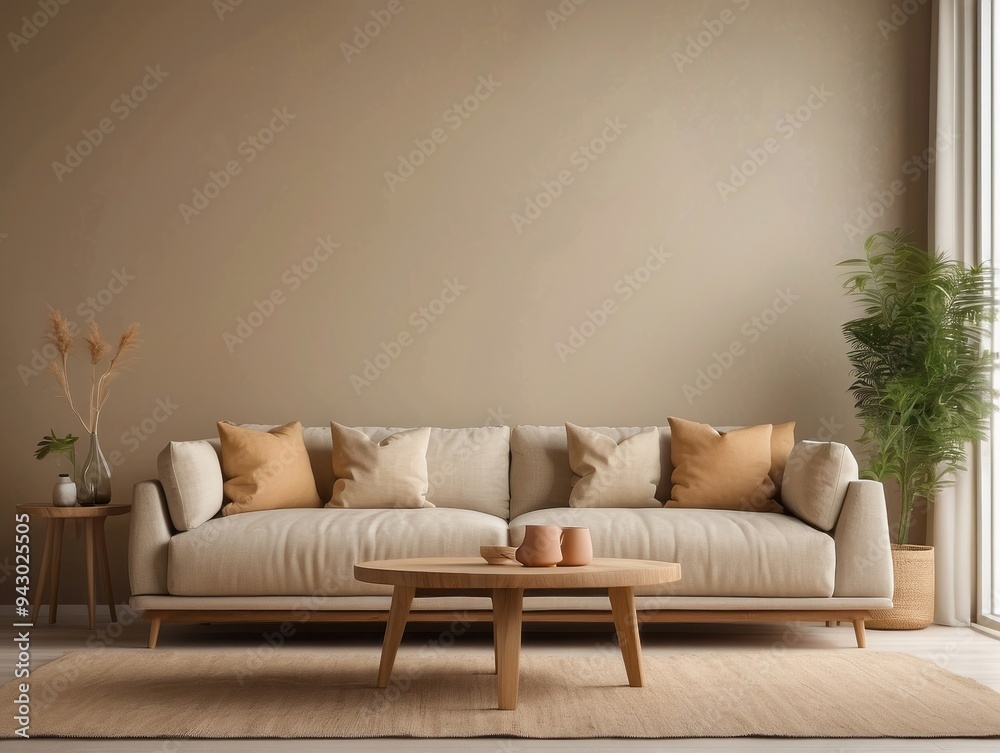 Beige Sofa with Wooden Coffee Table and Area Rug in Minimalist Living Room Beige Sofa with Wooden Coffee Table and Area Rug in Minimalist Living Room