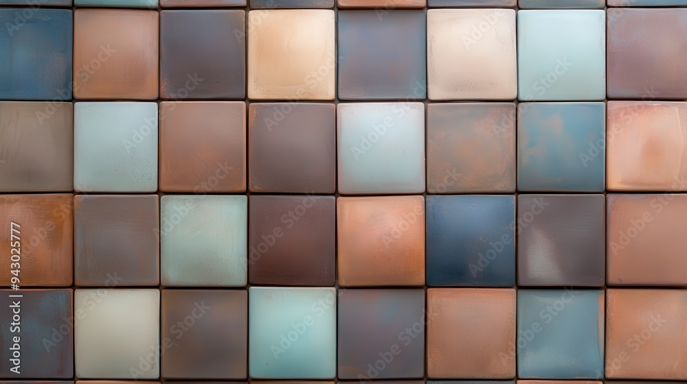A wall made of tiles in various colors. The tiles are arranged in a checkered pattern A wall made of tiles in various colors. The tiles are arranged in a checkered pattern