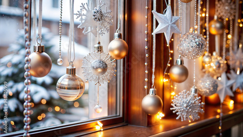 Elegant Modern Window Display for New Year with Silver and Gold Ornaments, Hanging Icicles, and Twinkling Lights, Showcasing a Winter Wonderland Outside