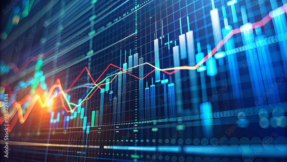 A vibrant digital graph presents fluctuating stock market trends, showcasing colorful lines representing prices and indicators over time, ideal for financial analysis A vibrant digital graph presents fluctuating stock market trends, showcasing colorful lines representing prices and indicators over time, ideal for financial analysis
