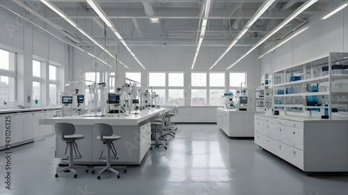 a clean laboratory space with white and grey stools Generative AI