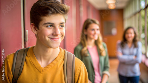 Shy Teenage Boy Smiling at His Crush in a Bright School Hallway with Blurred Students in the Background