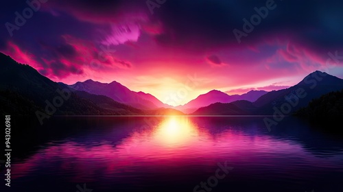 A stunning sunset over tranquil waters, reflecting vibrant hues of pink and purple against majestic mountains.