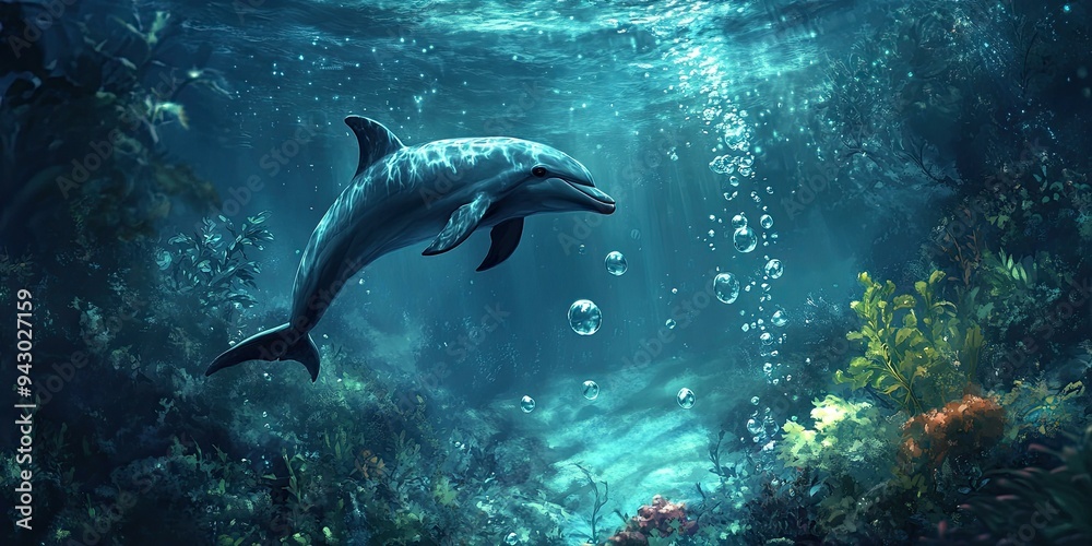 Fototapeta premium A dolphin swims through blue water with bubbles.