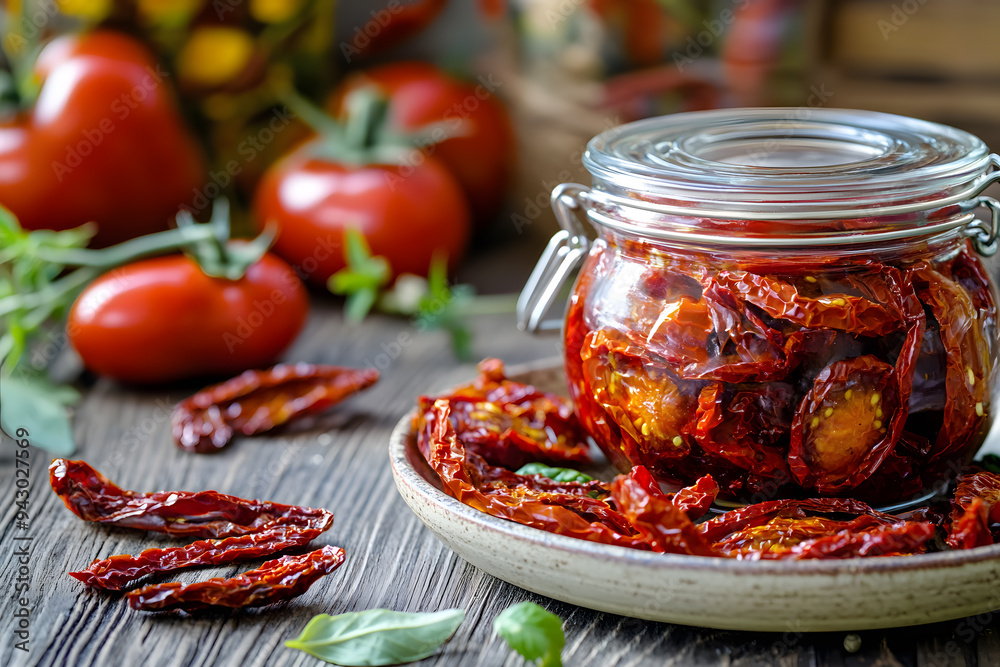 Traditional Italian food, sun-dried tomatoes made at home commercial advertising photo Traditional Italian food, sun-dried tomatoes made at home commercial advertising photo